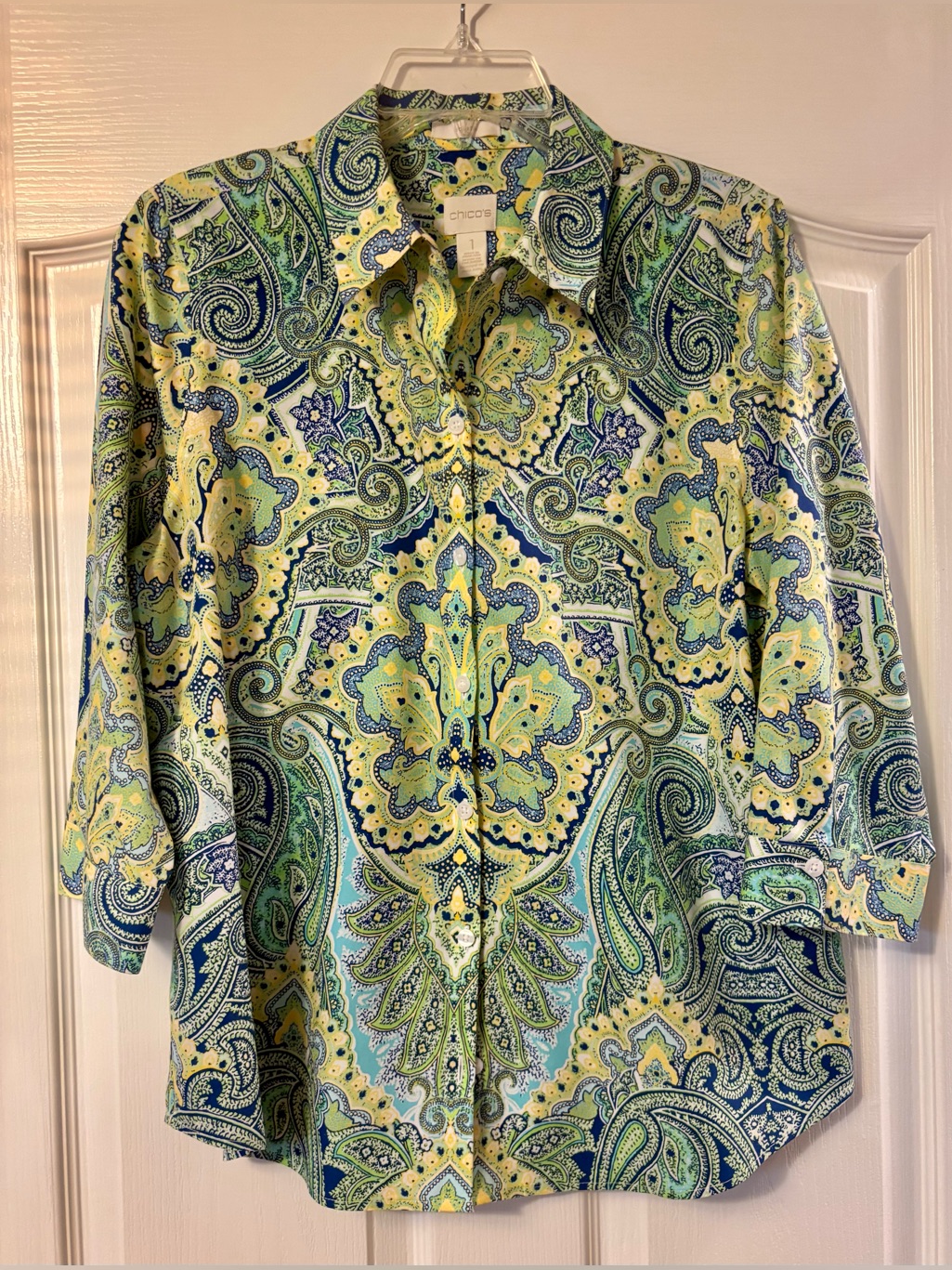 Colorful Button-Up 3/4 Sleeve Shirt/Blouse Chicos Yellow, Blue, White Paisley